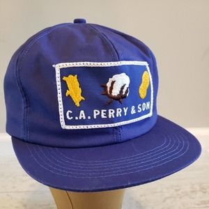Vintage C.A. Perry & Sons Hat Cap Blue Snapback Patch - K Products Made in USA